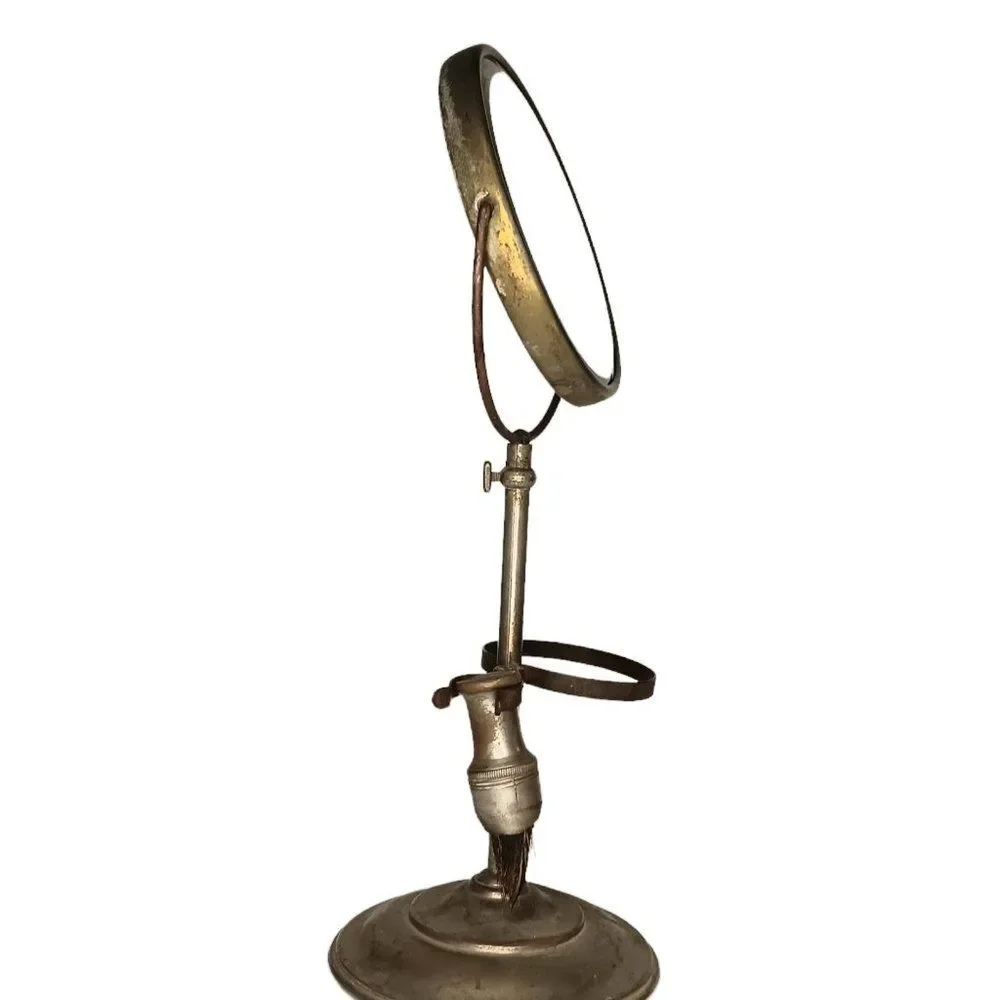 Vintage Vanity Shaving Mirror Stand with Brush and Cup Holder Metal Gold Color